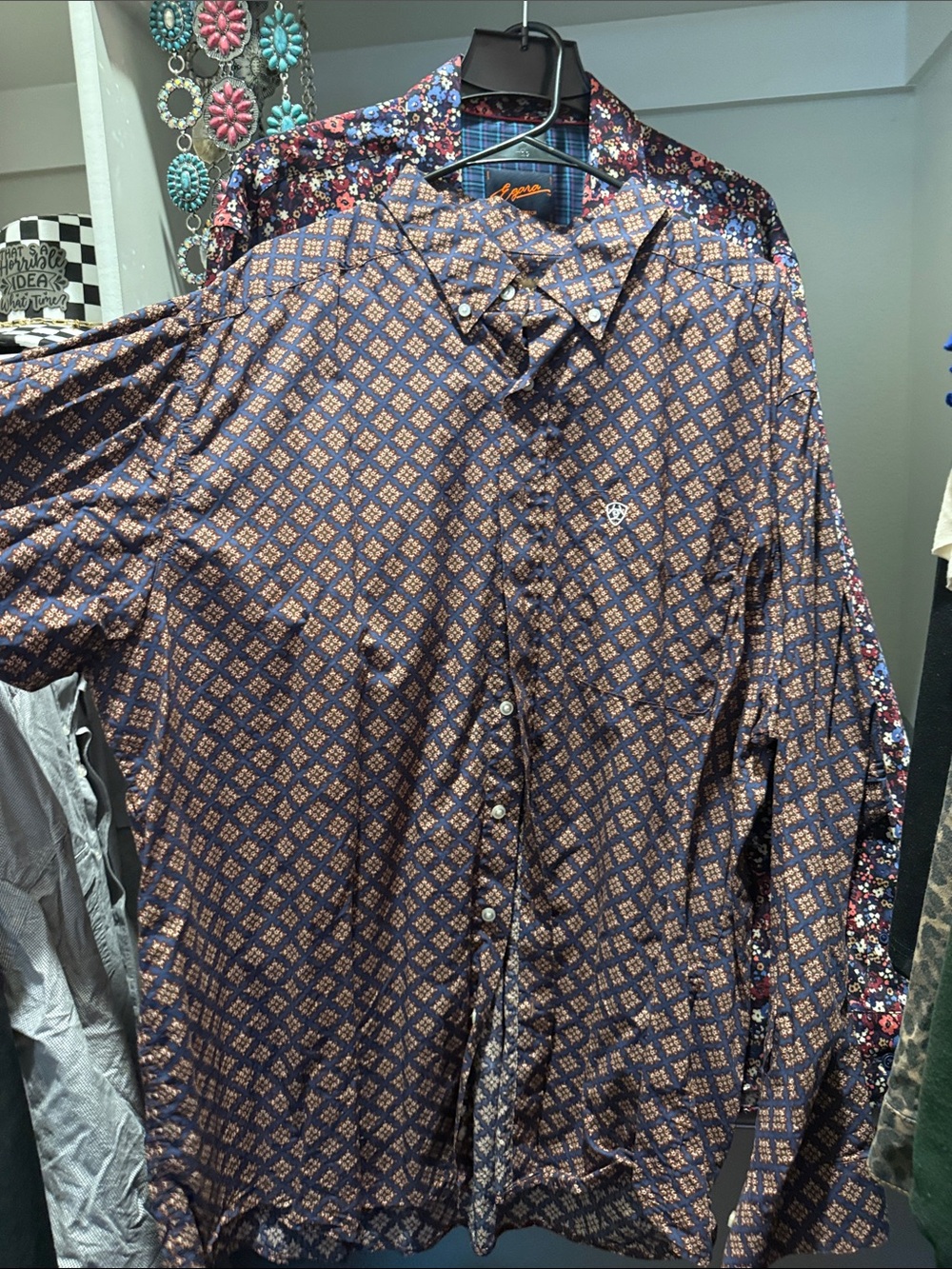 Ariat Men's Navy and Brown Geometric Button-Down Shirt